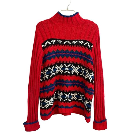 Vintage Red Nordic Fair Isle Sweater Mock Neck Winter Ski Lodge Knit Pullover XL - Picture 3 of 8